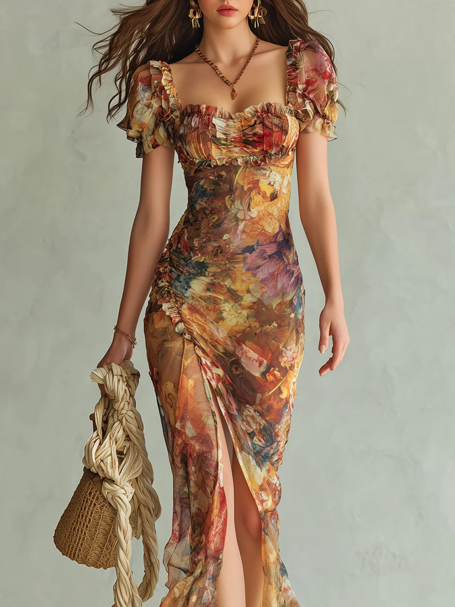 Vestido largo de gasa con estampado de pintura al óleo bohemia naranja para vacaciones