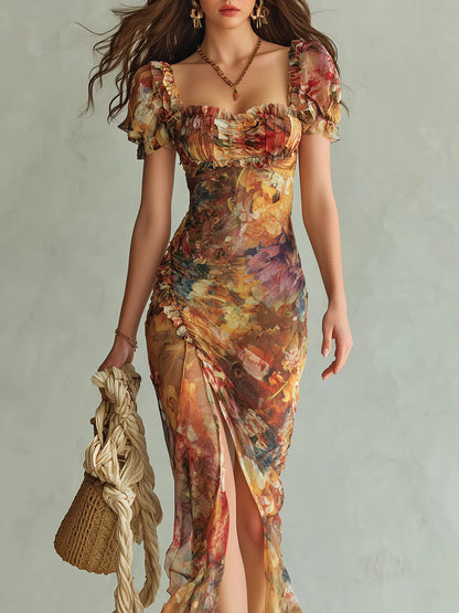 Vestido largo de gasa con estampado de pintura al óleo bohemia naranja para vacaciones