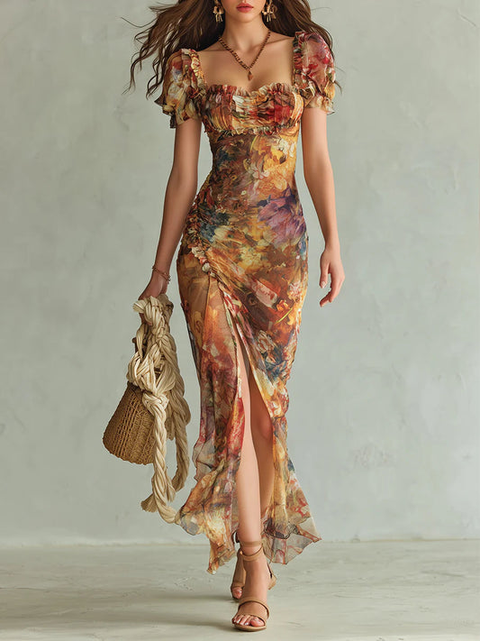 Vestido largo de gasa con estampado de pintura al óleo bohemia naranja para vacaciones