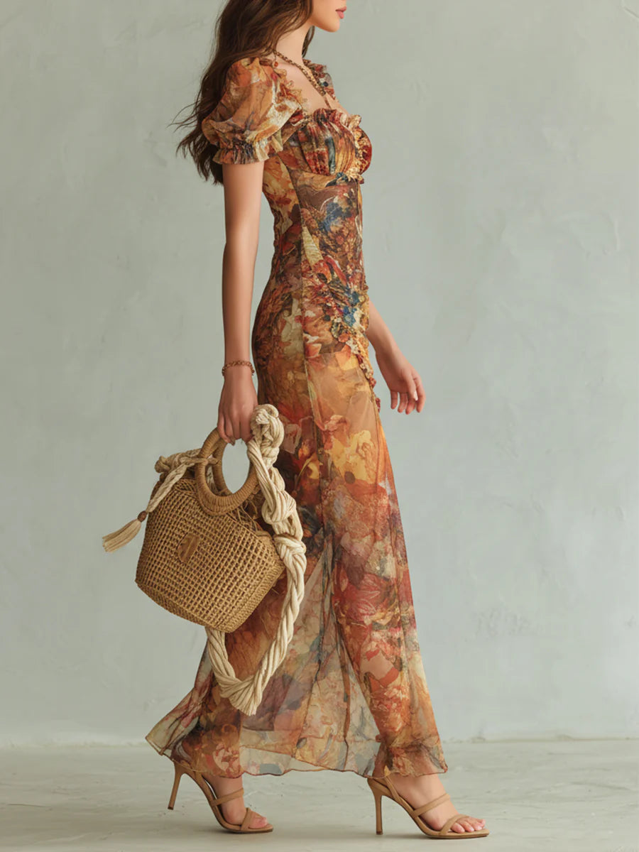 Vestido largo de gasa con estampado de pintura al óleo bohemia naranja para vacaciones