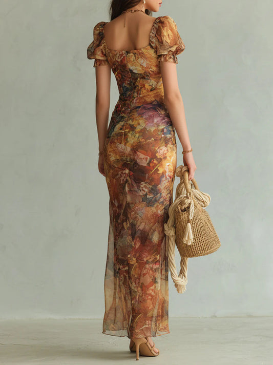 Vestido largo de gasa con estampado de pintura al óleo bohemia naranja para vacaciones