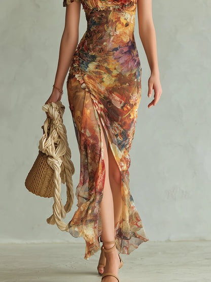 Vestido largo de gasa con estampado de pintura al óleo bohemia naranja para vacaciones
