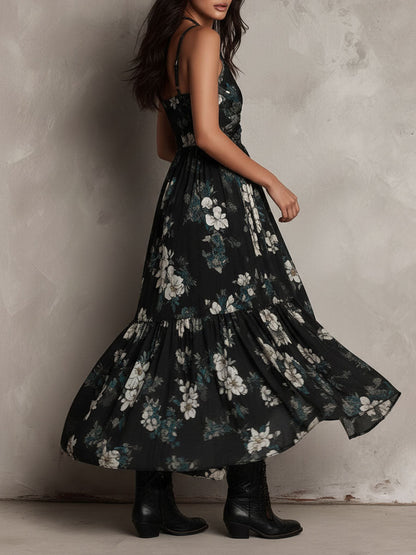 Vestido largo negro bohemio con estampado floral y tirantes irregulares sin hombros
