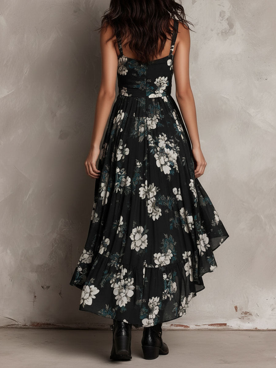 Vestido largo negro bohemio con estampado floral y tirantes irregulares sin hombros