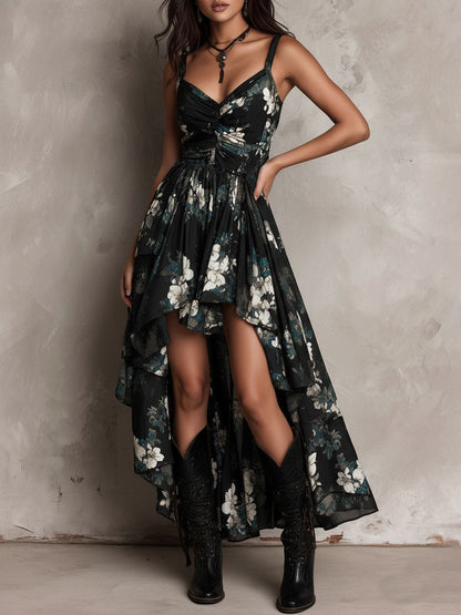 Vestido largo negro bohemio con estampado floral y tirantes irregulares sin hombros