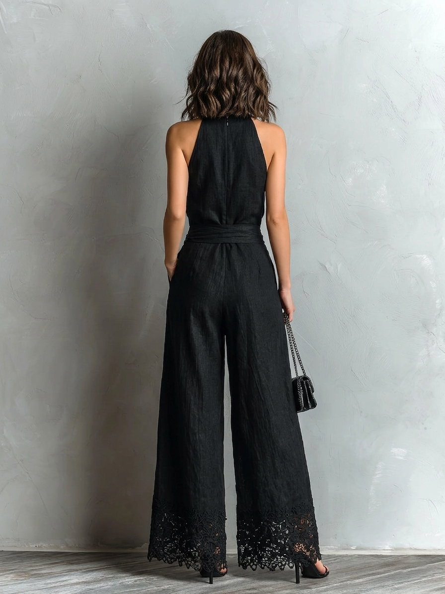 Conjunto de chaleco negro de lino algodón sintético con cuello halter y pantalones de pierna ancha con lazo y encaje