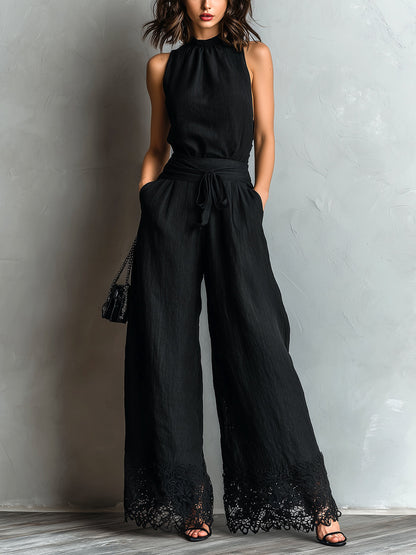 Conjunto de chaleco negro de lino algodón sintético con cuello halter y pantalones de pierna ancha con lazo y encaje