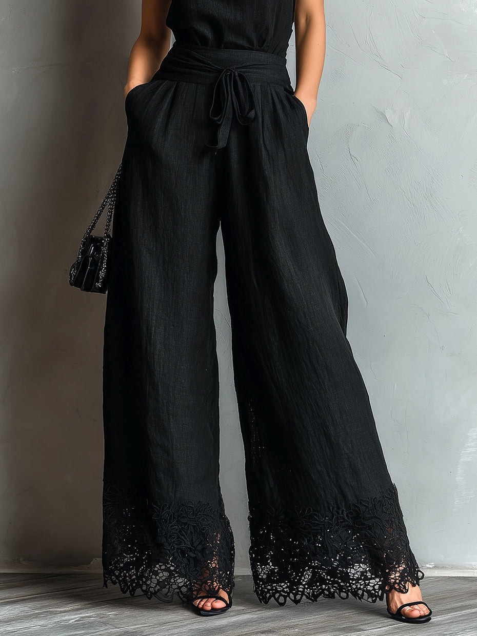 Conjunto de chaleco negro de lino algodón sintético con cuello halter y pantalones de pierna ancha con lazo y encaje
