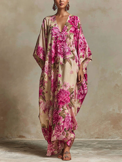 Vestido largo kaftán floral con escote en V y mangas murciélago estilo resort