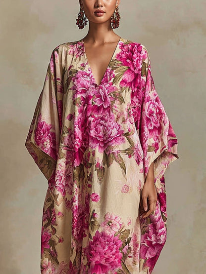 Vestido largo kaftán floral con escote en V y mangas murciélago estilo resort