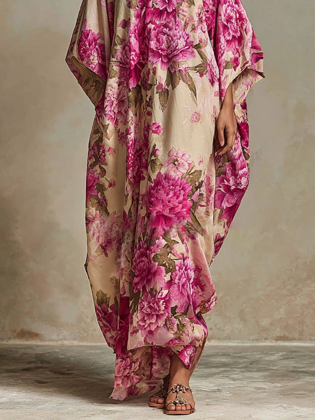 Vestido largo kaftán floral con escote en V y mangas murciélago estilo resort