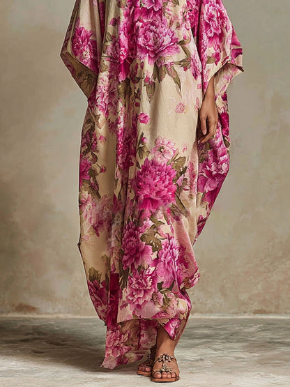 Vestido largo kaftán floral con escote en V y mangas murciélago estilo resort