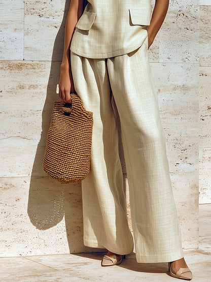 Conjunto de dos piezas: chaleco suelto sin mangas con escote en V beige y pantalones de pierna ancha