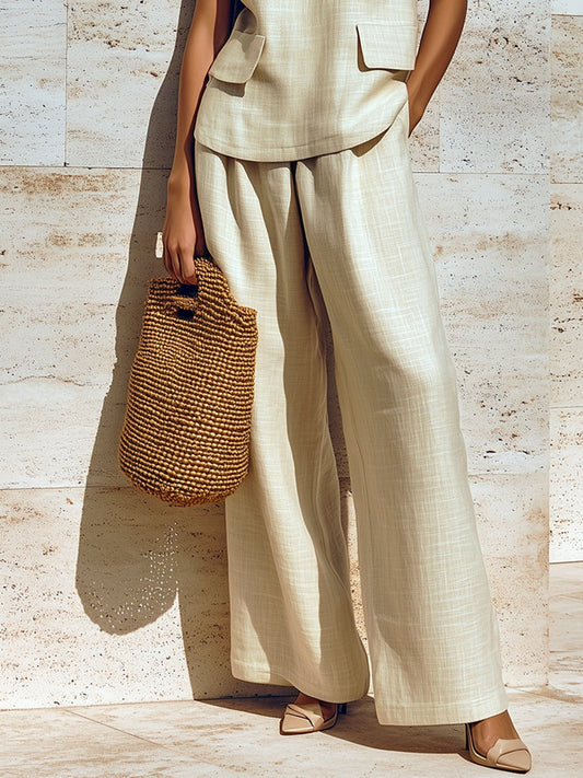 Conjunto de dos piezas: chaleco suelto sin mangas con escote en V beige y pantalones de pierna ancha