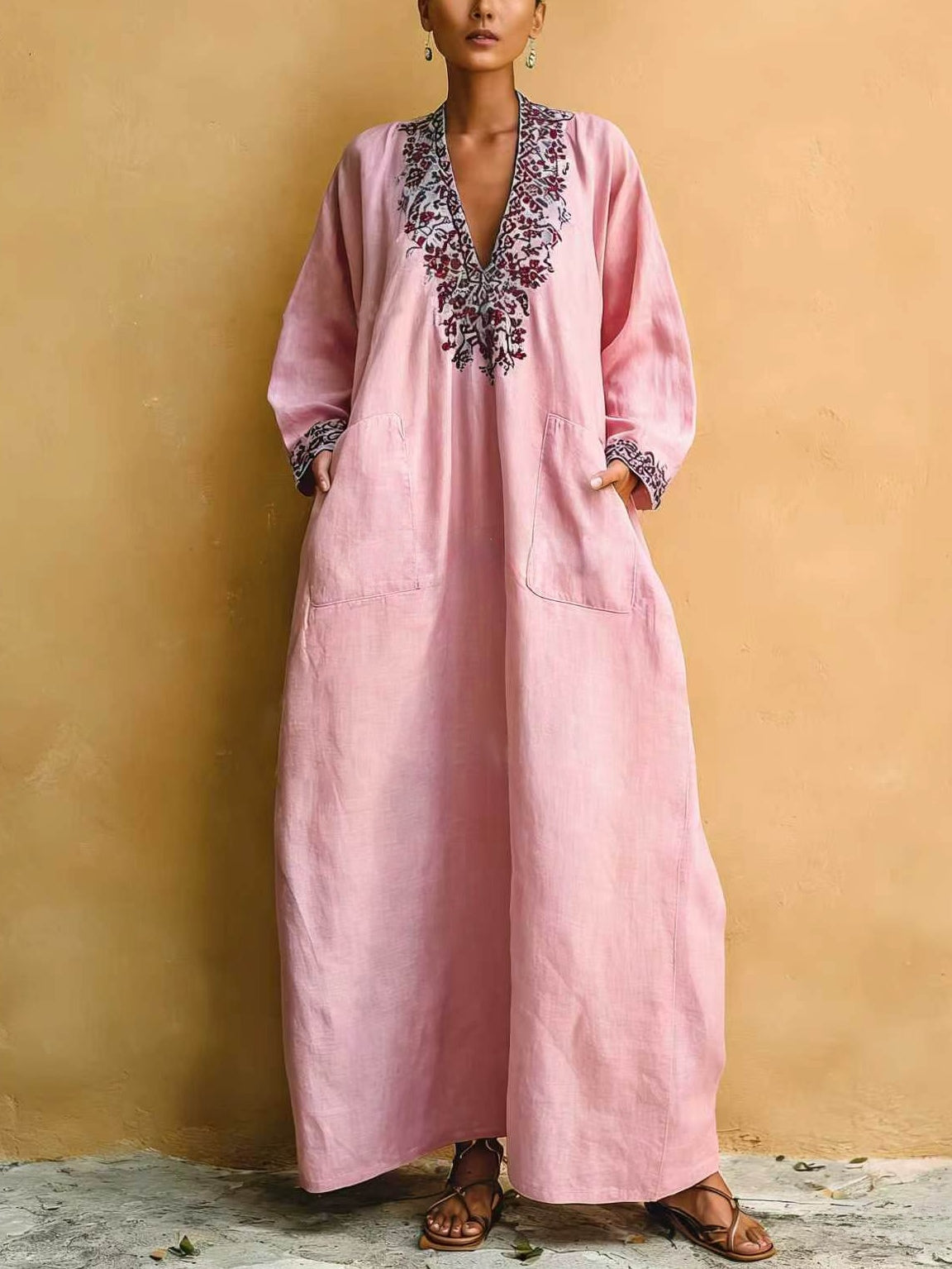 Vestido maxi suelto de cuello en V con estampado minimalista rosa para vacaciones