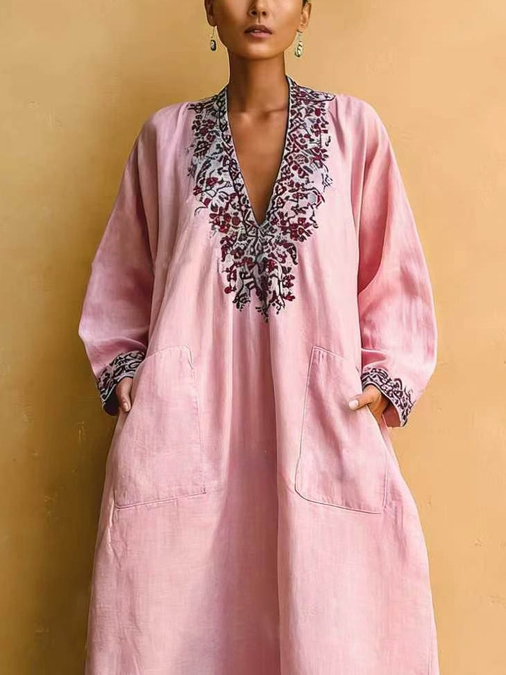 Vestido maxi suelto de cuello en V con estampado minimalista rosa para vacaciones