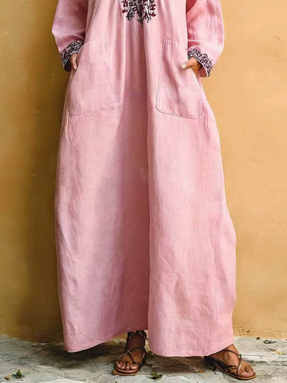 Vestido maxi suelto de cuello en V con estampado minimalista rosa para vacaciones