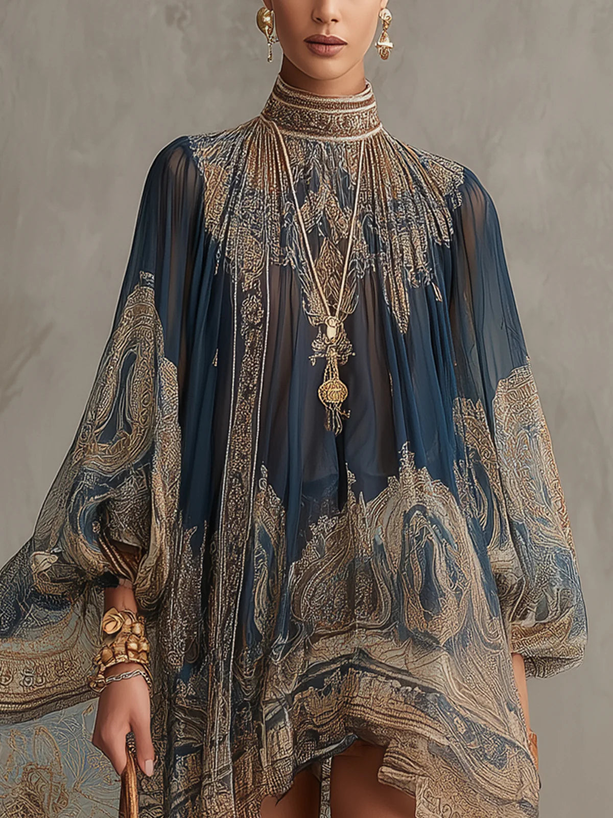 Vestido mini de gasa irregular con cuello alto y estampado barroco azul marino