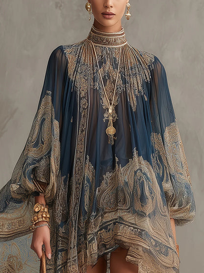 Vestido mini de gasa irregular con cuello alto y estampado barroco azul marino
