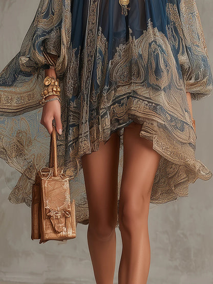 Vestido mini de gasa irregular con cuello alto y estampado barroco azul marino