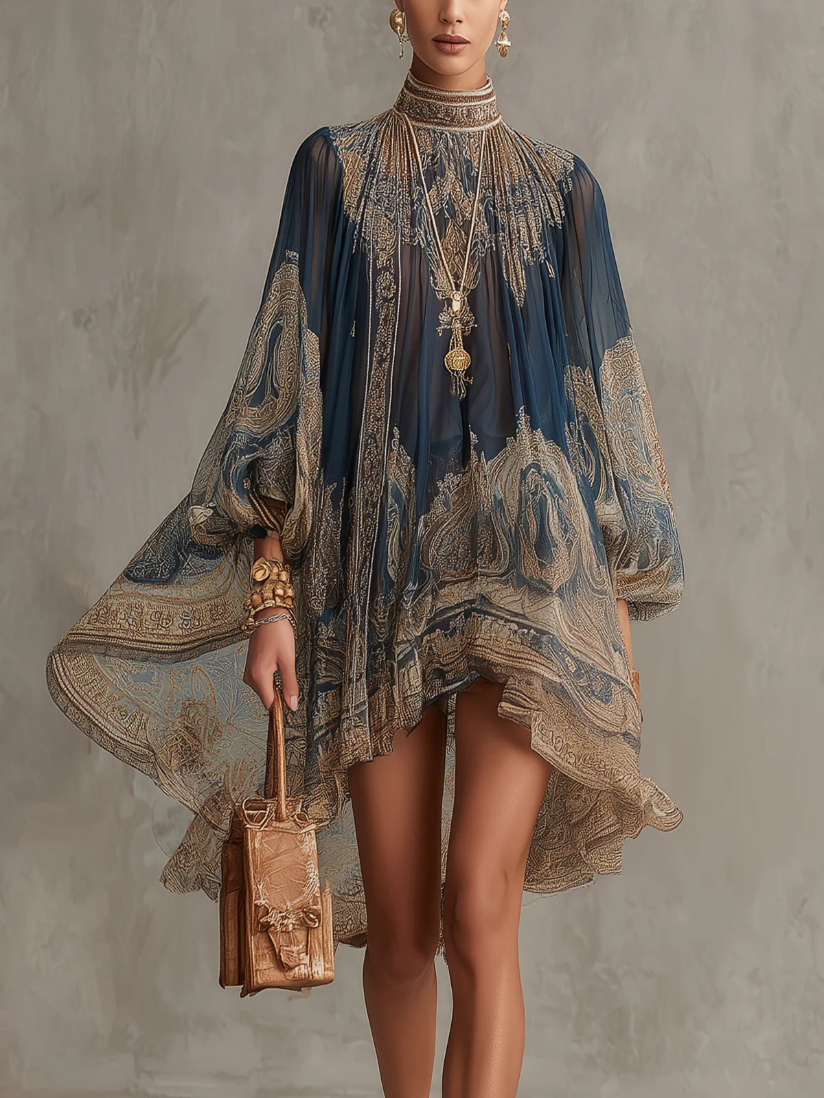 Vestido mini de gasa irregular con cuello alto y estampado barroco azul marino