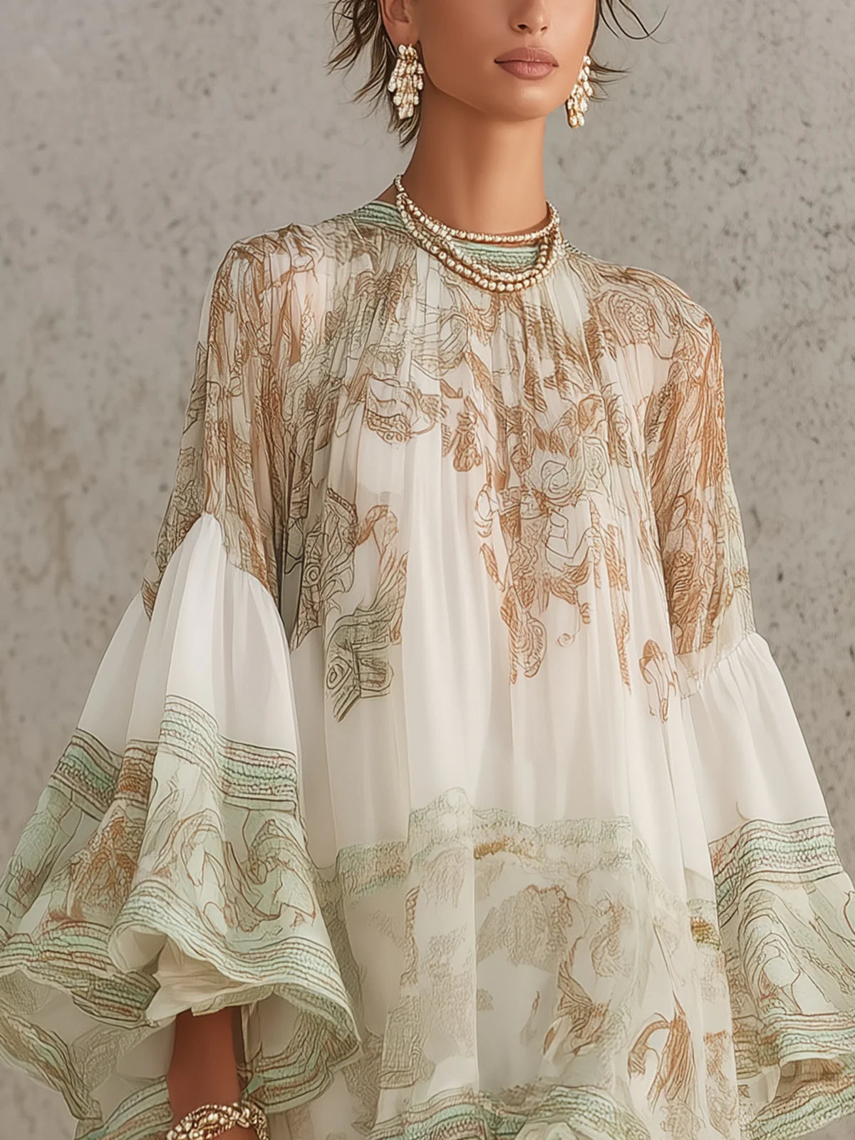 Vestido mini de gasa verde con volantes en el dobladillo y mangas con volante