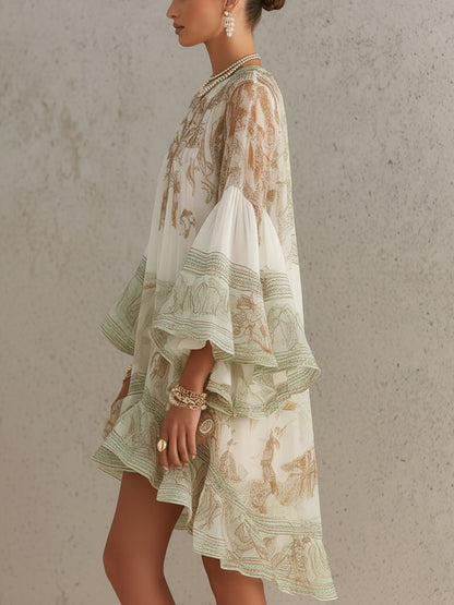 Vestido mini de gasa verde con volantes en el dobladillo y mangas con volante