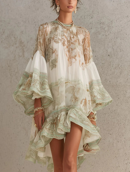 Vestido mini de gasa verde con volantes en el dobladillo y mangas con volante