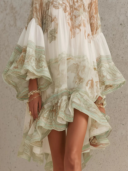 Vestido mini de gasa verde con volantes en el dobladillo y mangas con volante