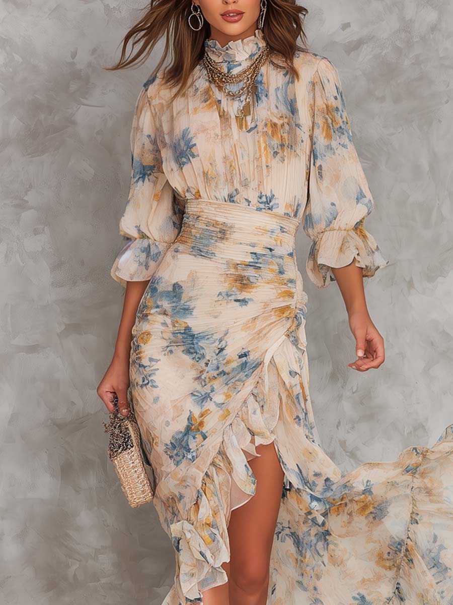 Vestido maxi de gasa irregular con cuello alto beige y estampado floral de pintura al óleo