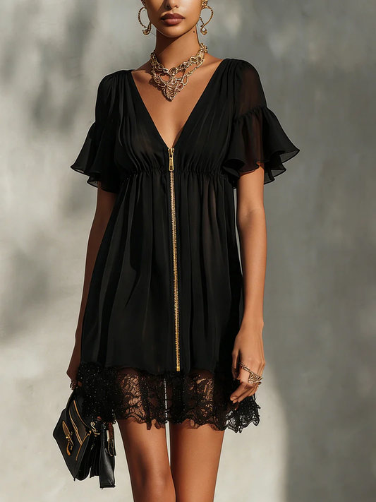Vestido mini negro con cremallera, escote en V, encaje y volantes
