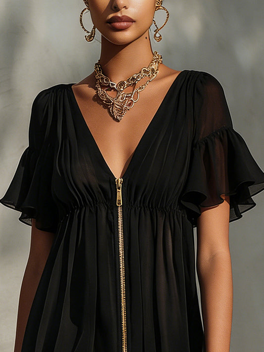 Vestido mini negro con cremallera, escote en V, encaje y volantes