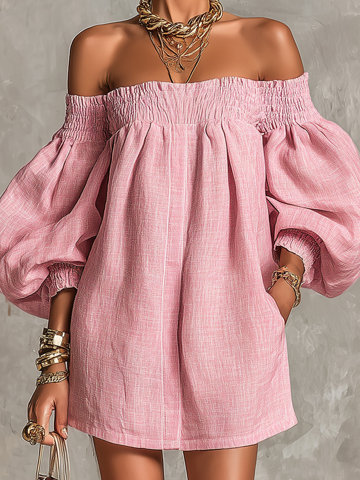 Vestido mini suelto rosa con escote barco, mangas farol y corte en línea A