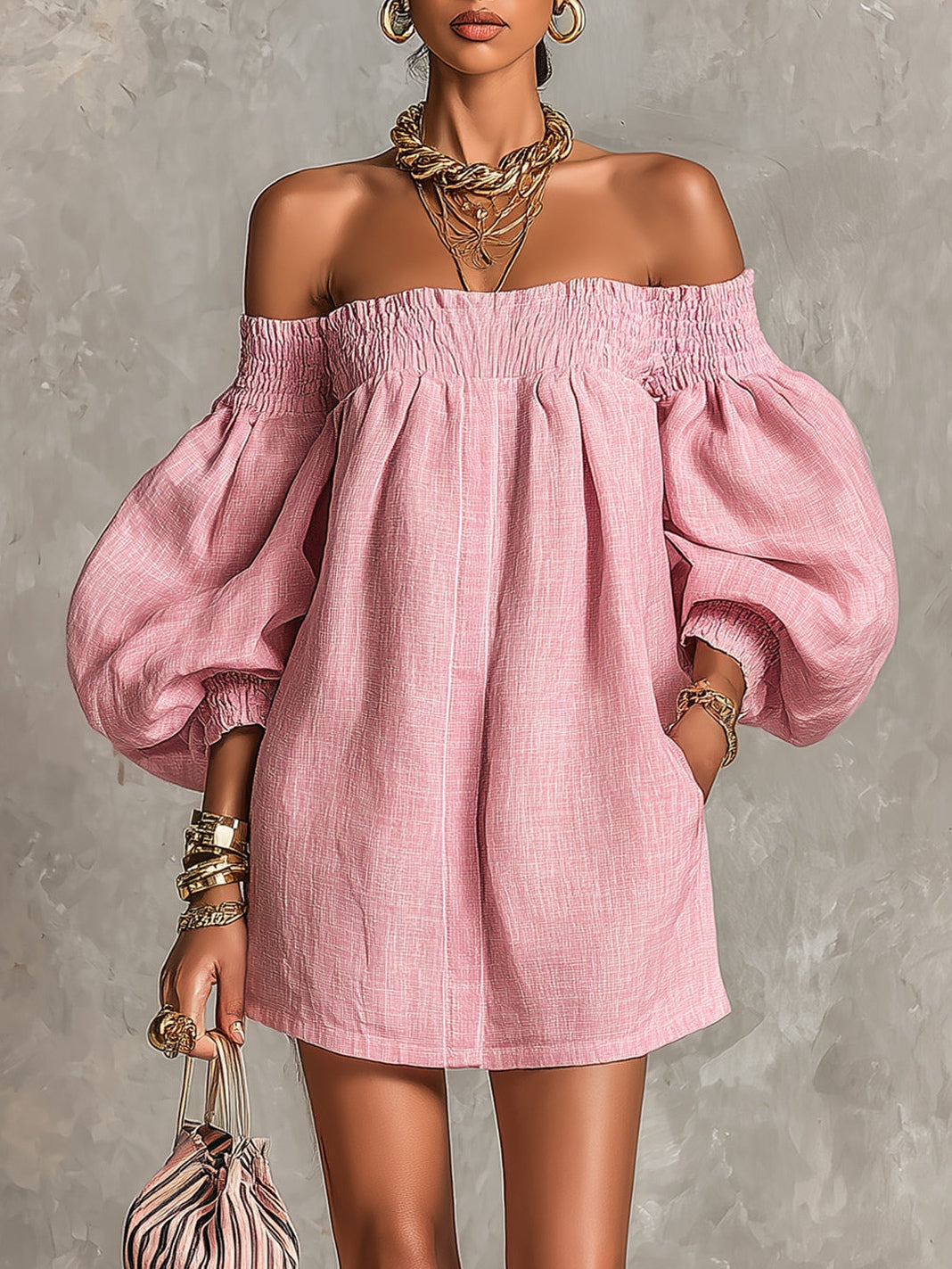 Vestido mini suelto rosa con escote barco, mangas farol y corte en línea A