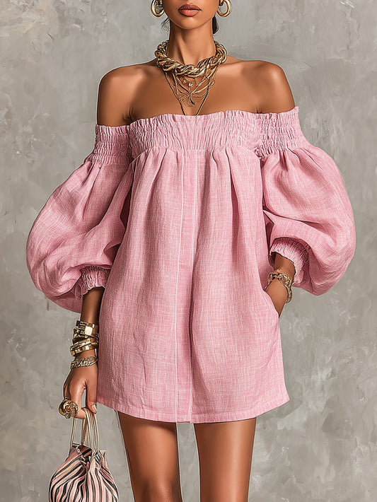 Vestido mini suelto rosa con escote barco, mangas farol y corte en línea A