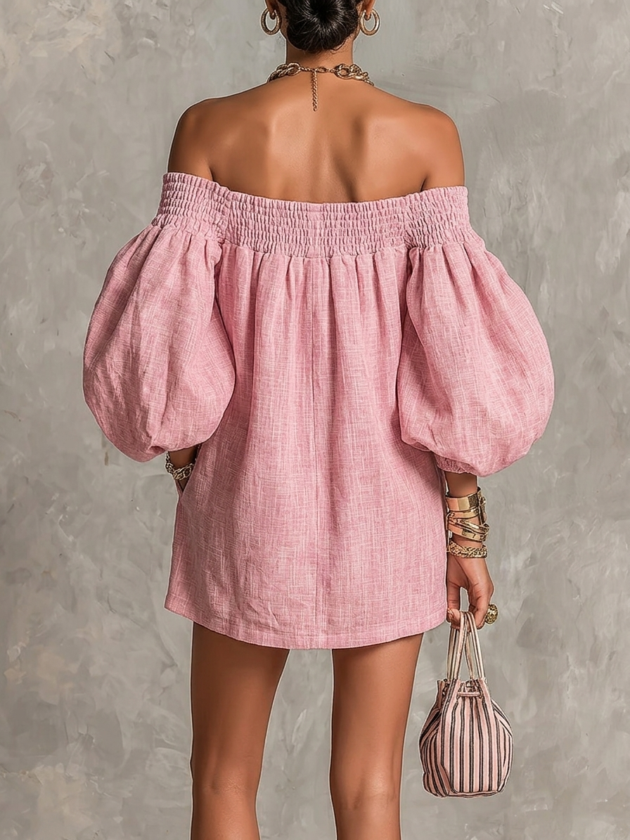 Vestido mini suelto rosa con escote barco, mangas farol y corte en línea A