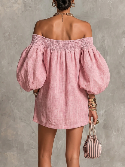 Vestido mini suelto rosa con escote barco, mangas farol y corte en línea A