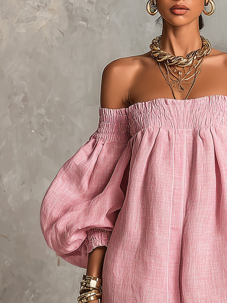 Vestido mini suelto rosa con escote barco, mangas farol y corte en línea A