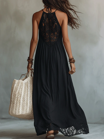 Vestido maxi bohemio negro sin mangas con encaje en los bordes