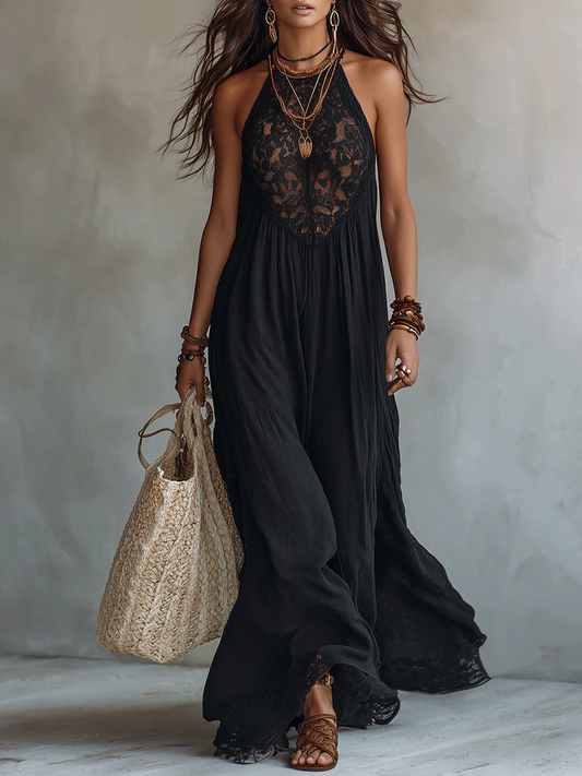 Vestido maxi bohemio negro sin mangas con encaje en los bordes