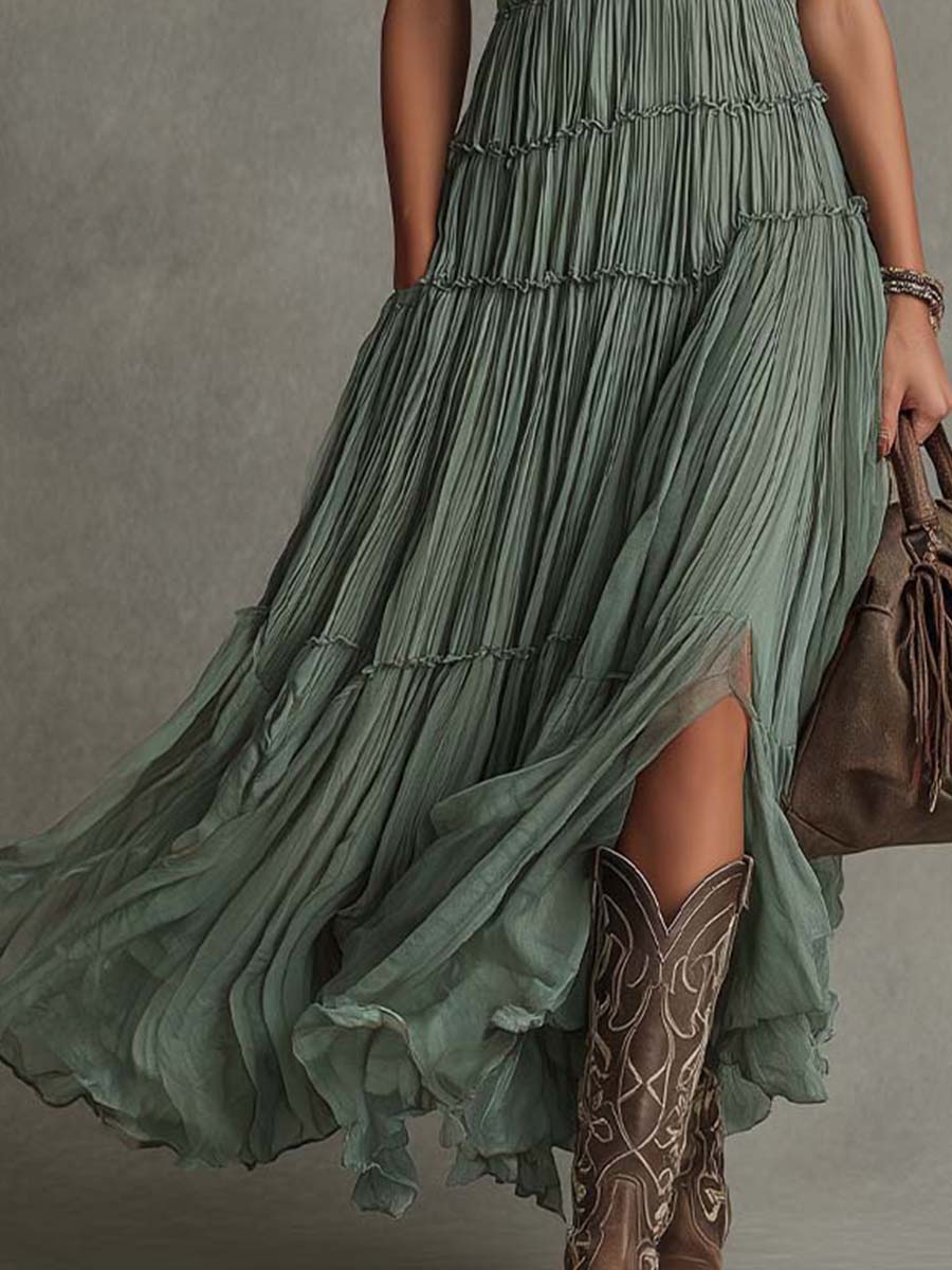 Vestido maxi plisado de gasa con escote en V