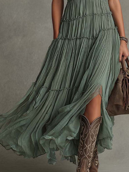 Vestido maxi plisado de gasa con escote en V
