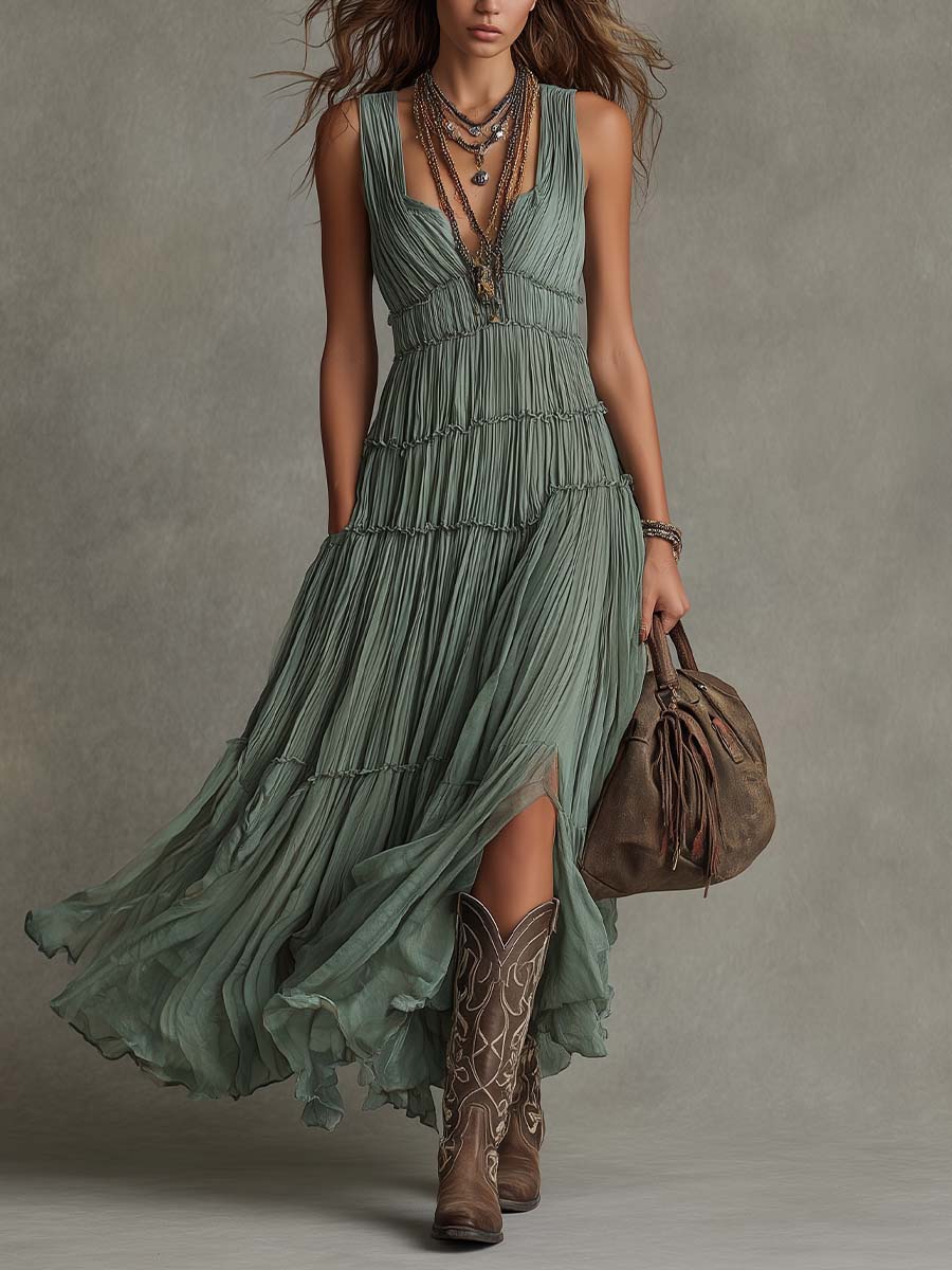 Vestido maxi plisado de gasa con escote en V
