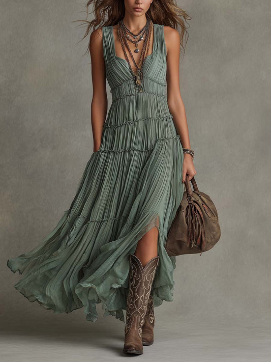 Vestido maxi plisado de gasa con escote en V