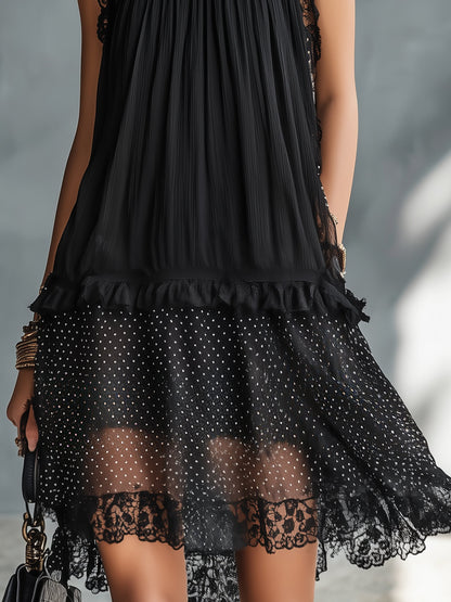 Vestido mini transparente de lunares con volantes y ribete de encaje negro