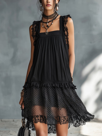 Vestido mini transparente de lunares con volantes y ribete de encaje negro