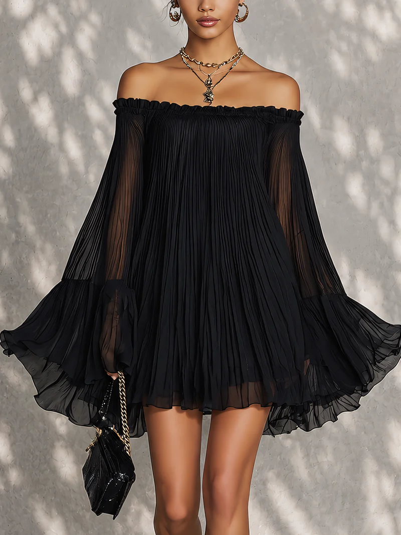 Vestido corto negro con volantes, manga campana y hombros descubiertos
