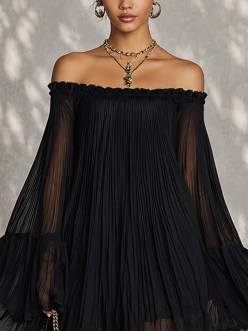 Vestido corto negro con volantes, manga campana y hombros descubiertos