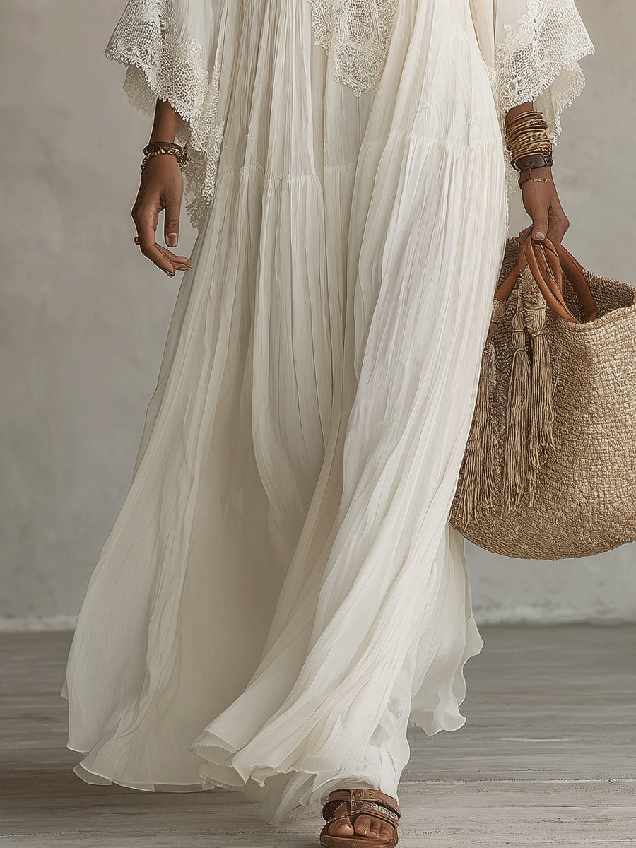 Vestido maxi de gasa blanco con escote en V, manga murciélago y encaje