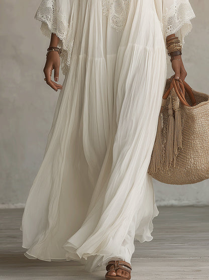Vestido maxi de gasa blanco con escote en V, manga murciélago y encaje